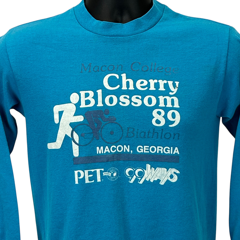 Vintage 80s Macon Georgia Cherry Blossom Biathlon T Shirt College Blue S Small